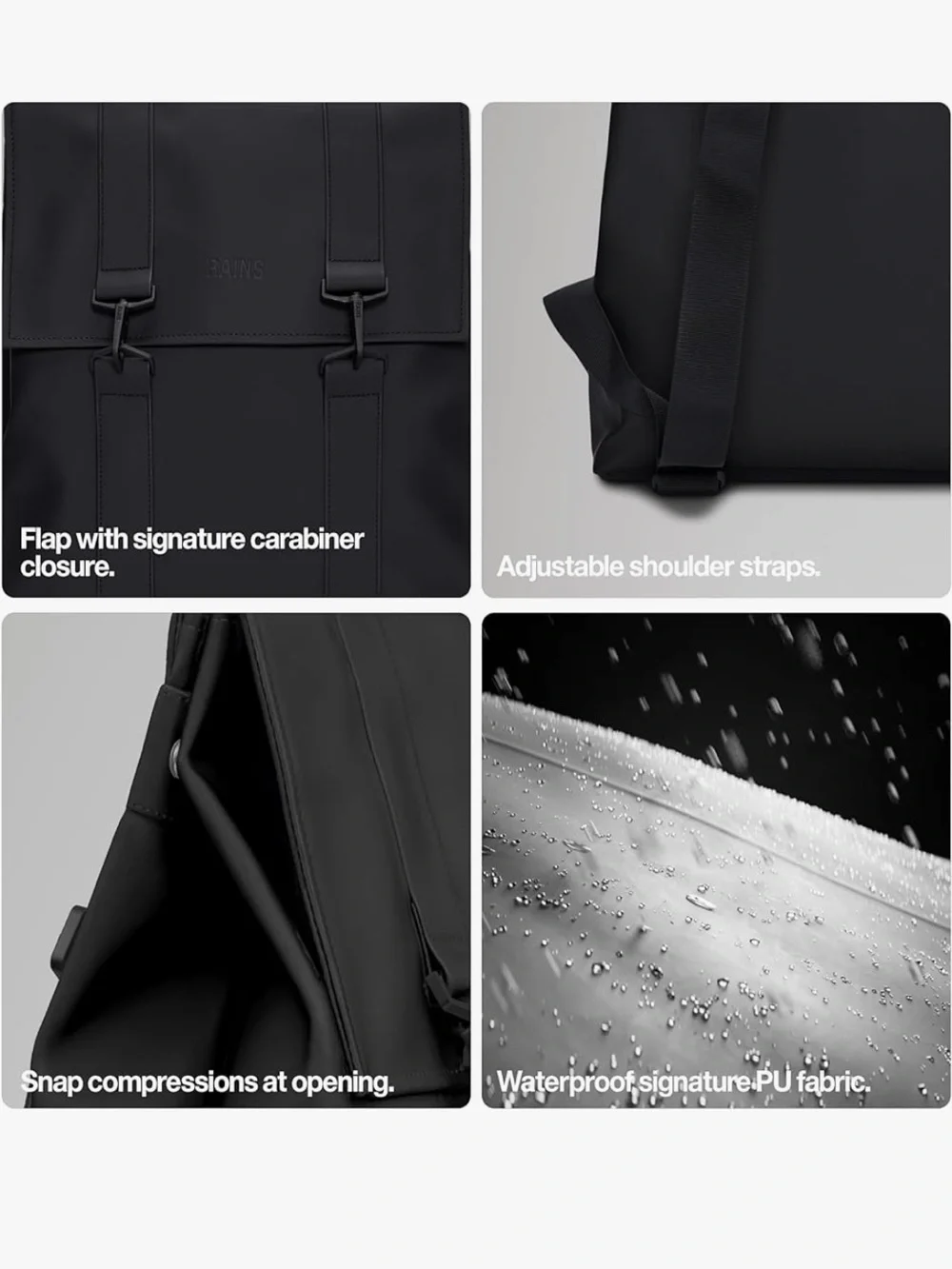 RAINS MSN Waterproof Backpack Black Convertible Messenger Laptop School Bag